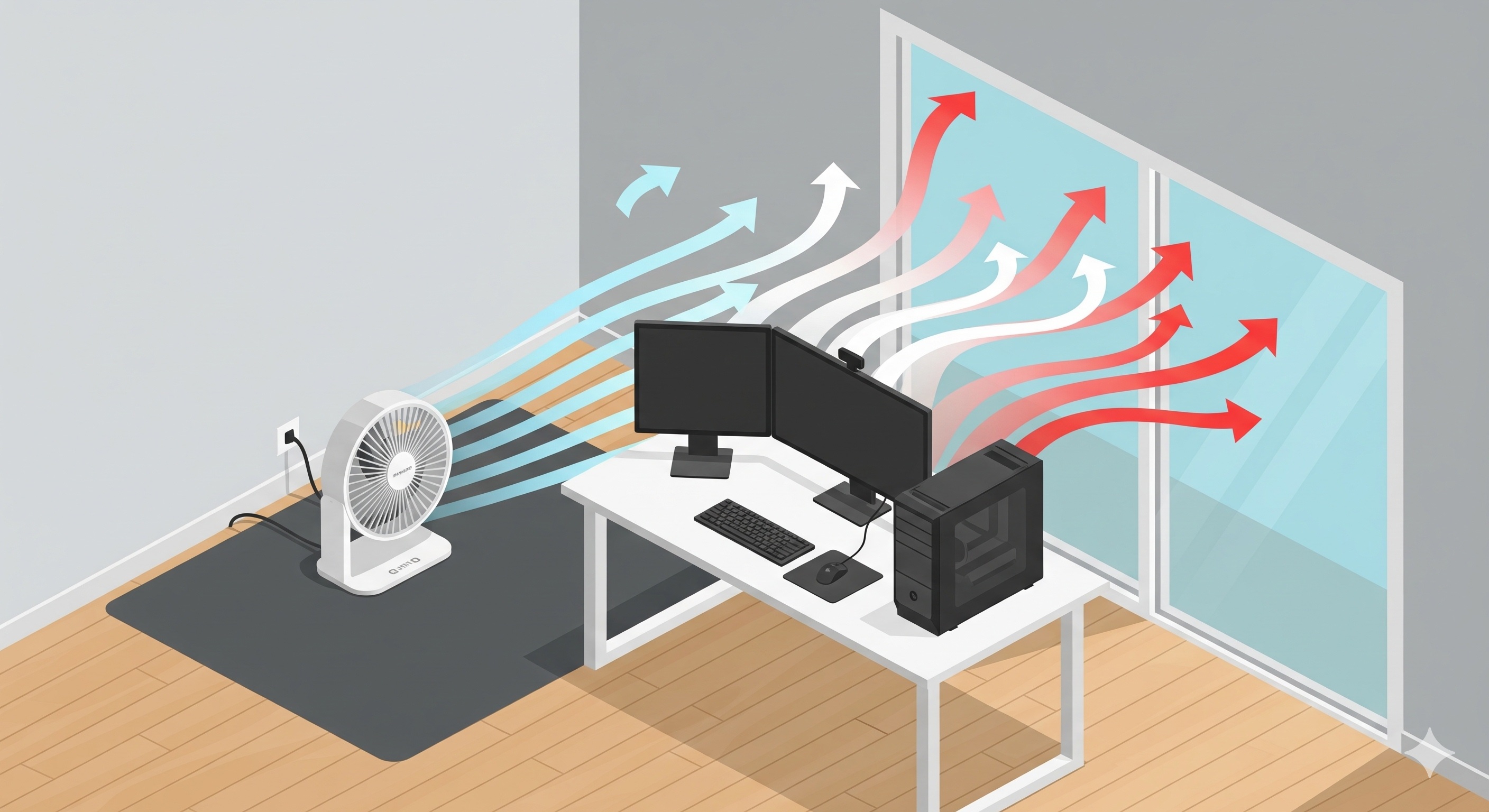 サーキュレーターによる空気の流れを表現した図解イラスト
