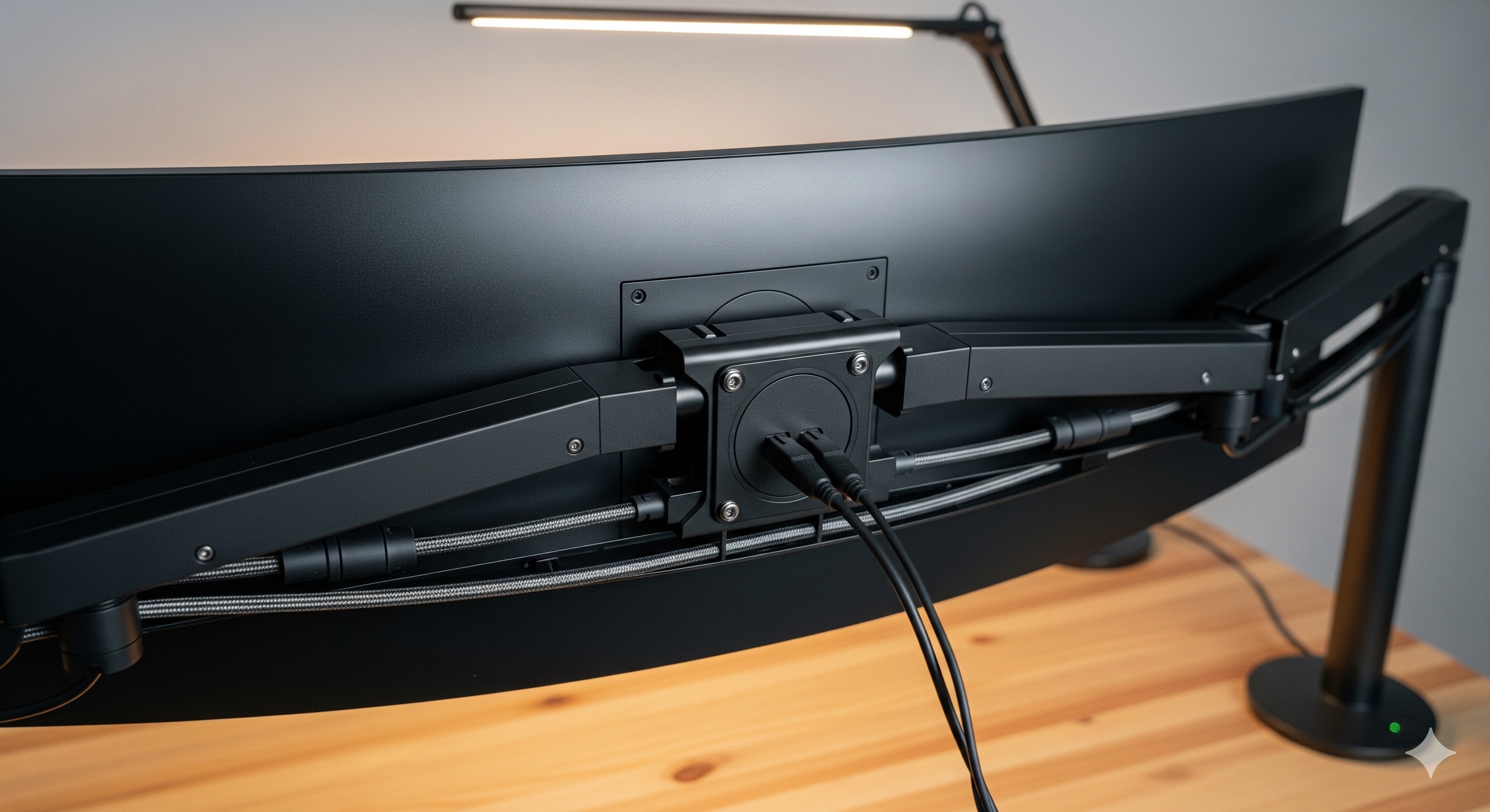 モニターアームを使用して浮いたモニターと、アーム内のケーブル収納機能