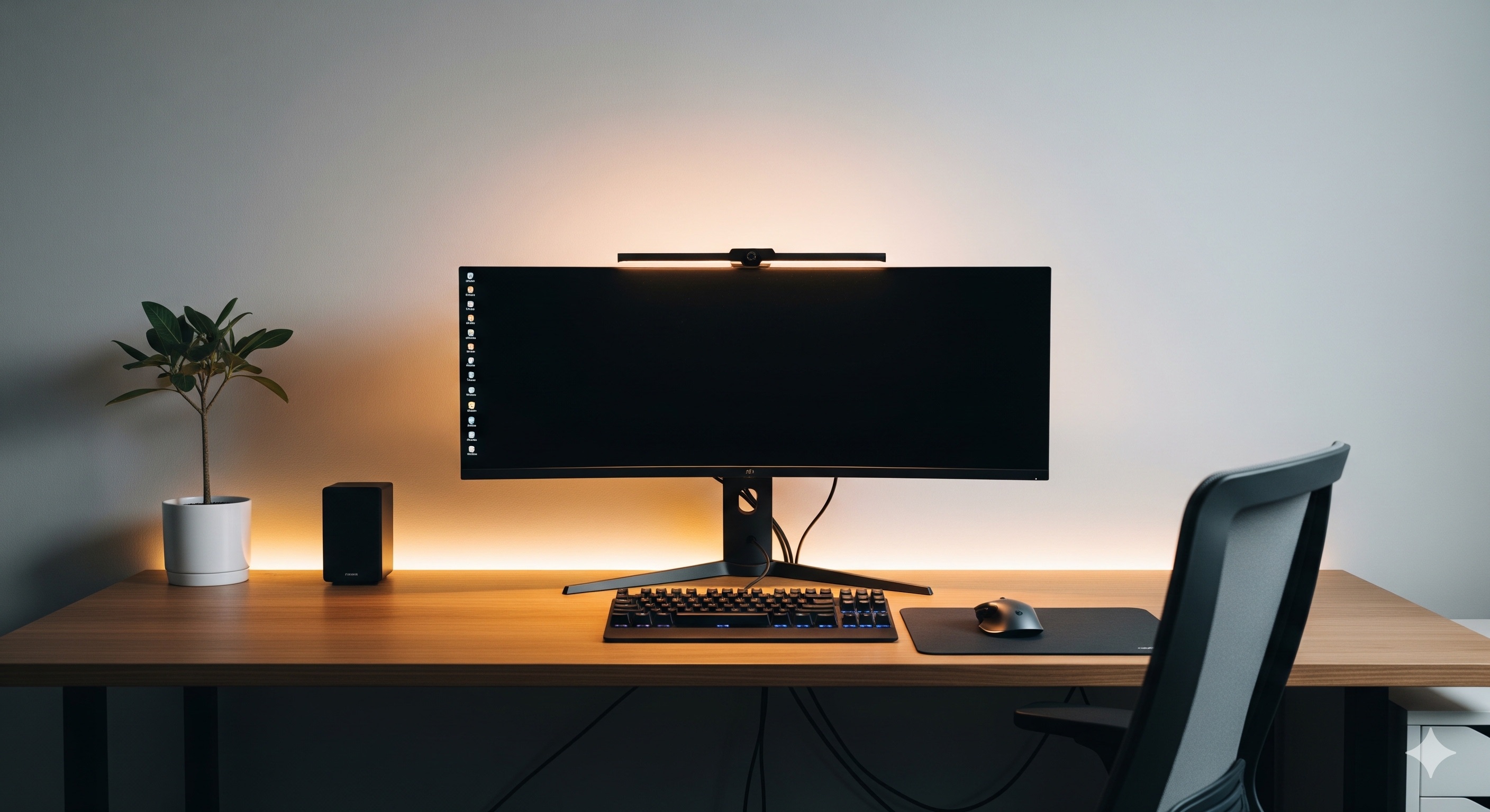 美しく整頓されたウルトラワイドモニターのデスク風景