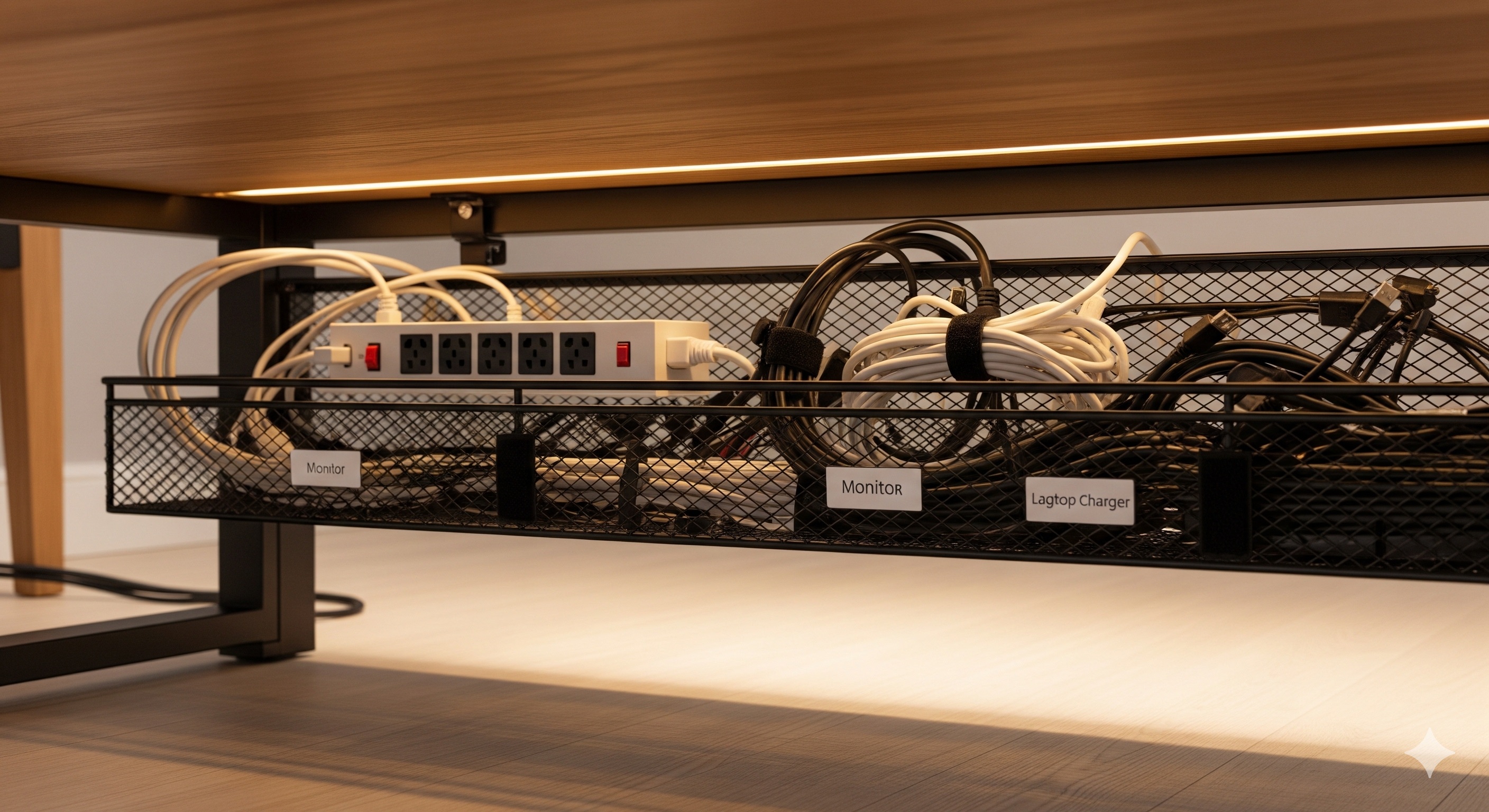 デスク裏に設置されたケーブルトレーと整理された配線の様子