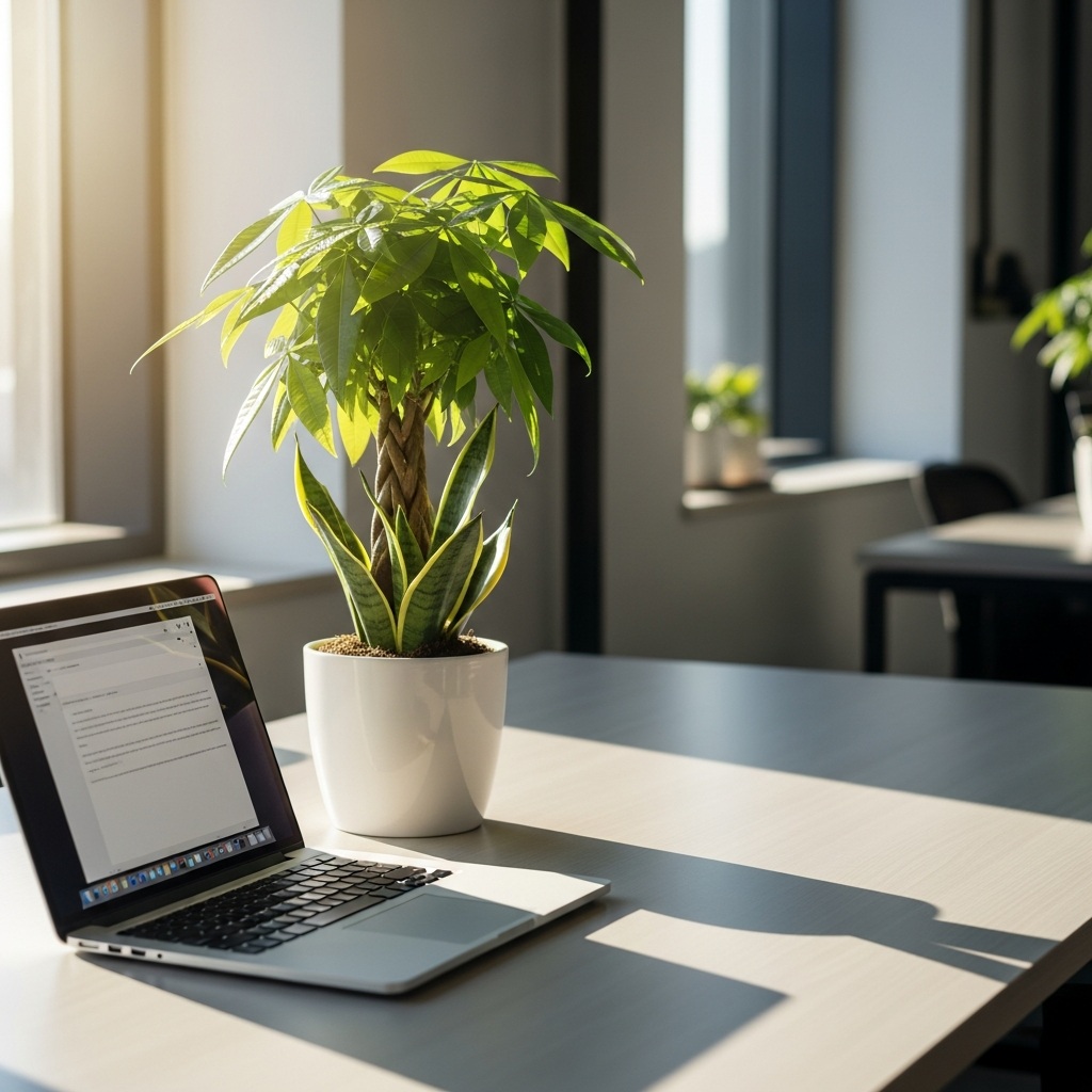 デスク周りの美しい観葉植物の風景