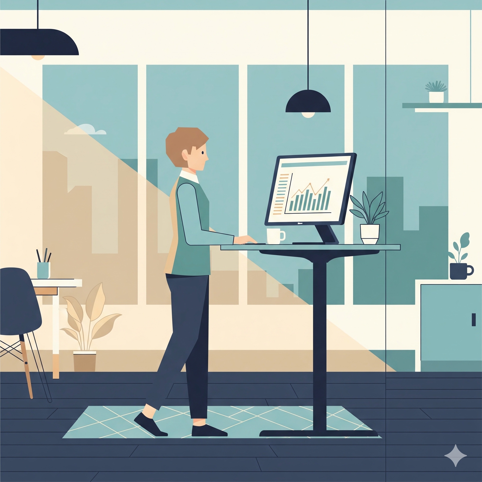 モダンな環境でスタンディングデスクを使って作業する様子