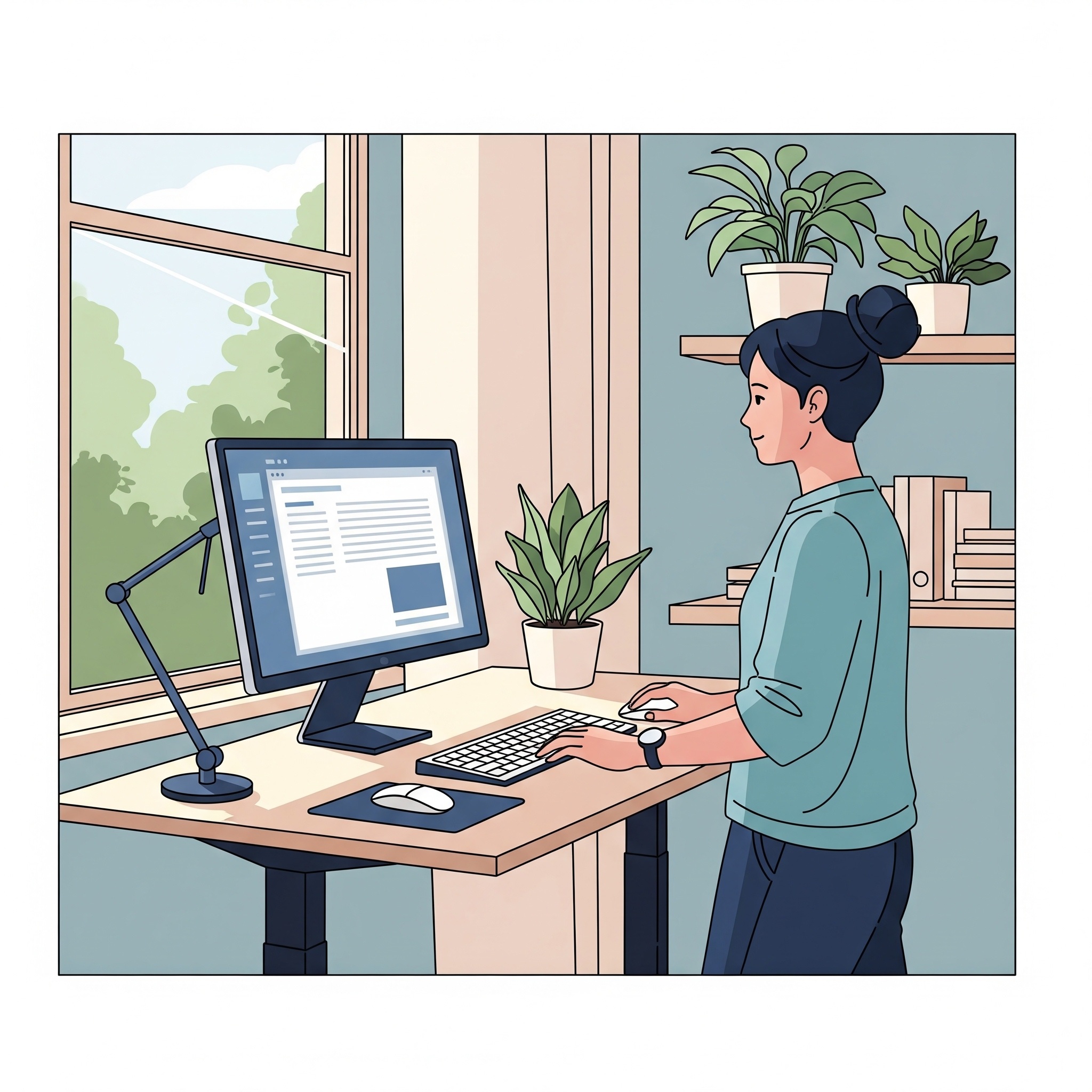 スタンディングデスクで作業するイラスト